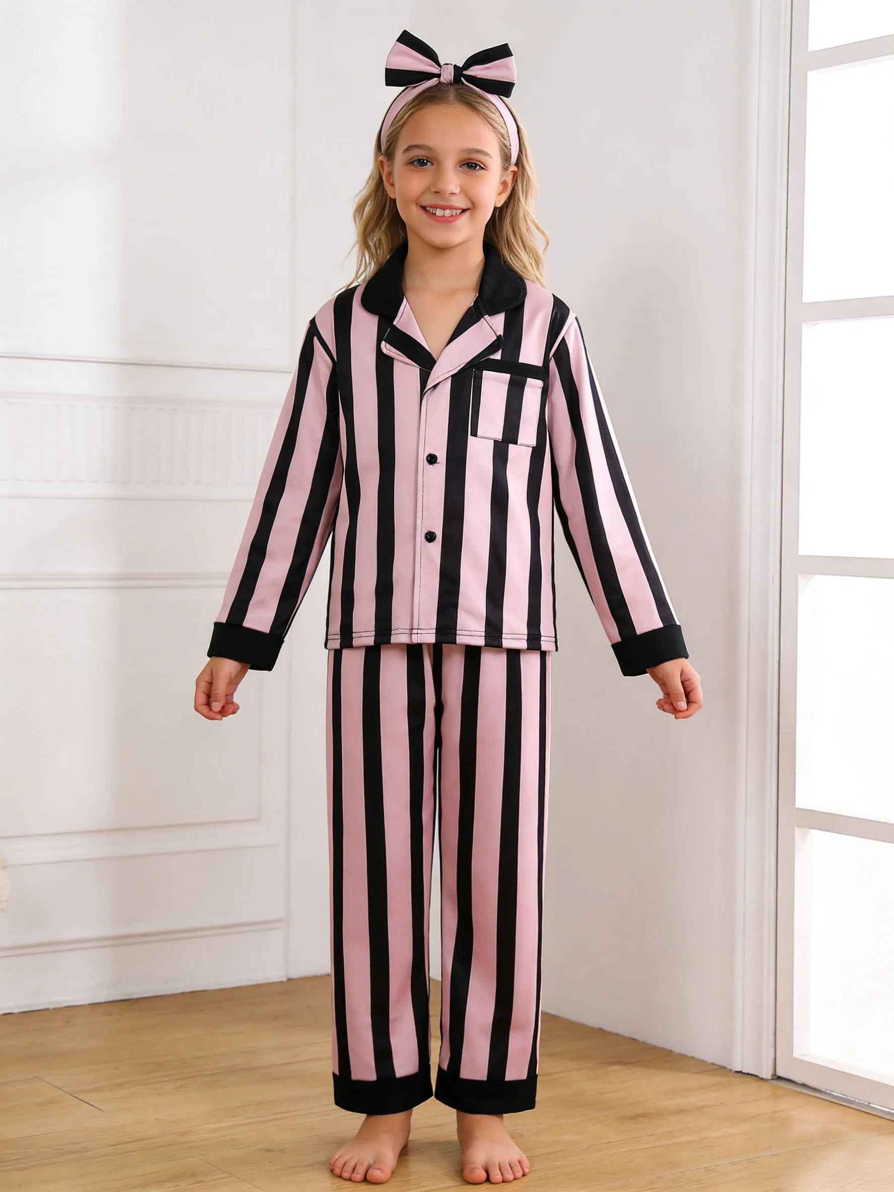 여아용 봄가을 긴바지와 홈웨어 세트, 여아용 세련된 야외 캐주얼 스트라이프 긴팔 바지.