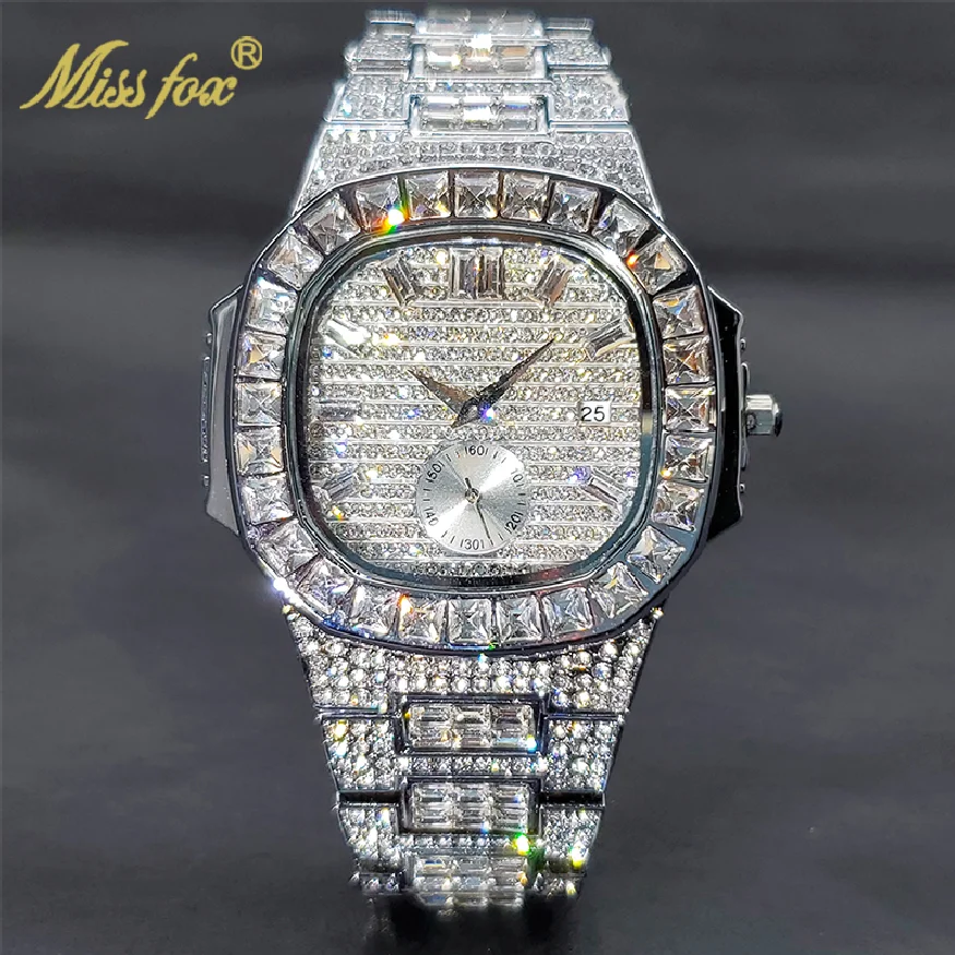 

New Men's Watch Iced Out Luxury Designer Hip Hop Streetwear Baguette Men Wristwatches Stainless Steel Moissanite Jewelry New