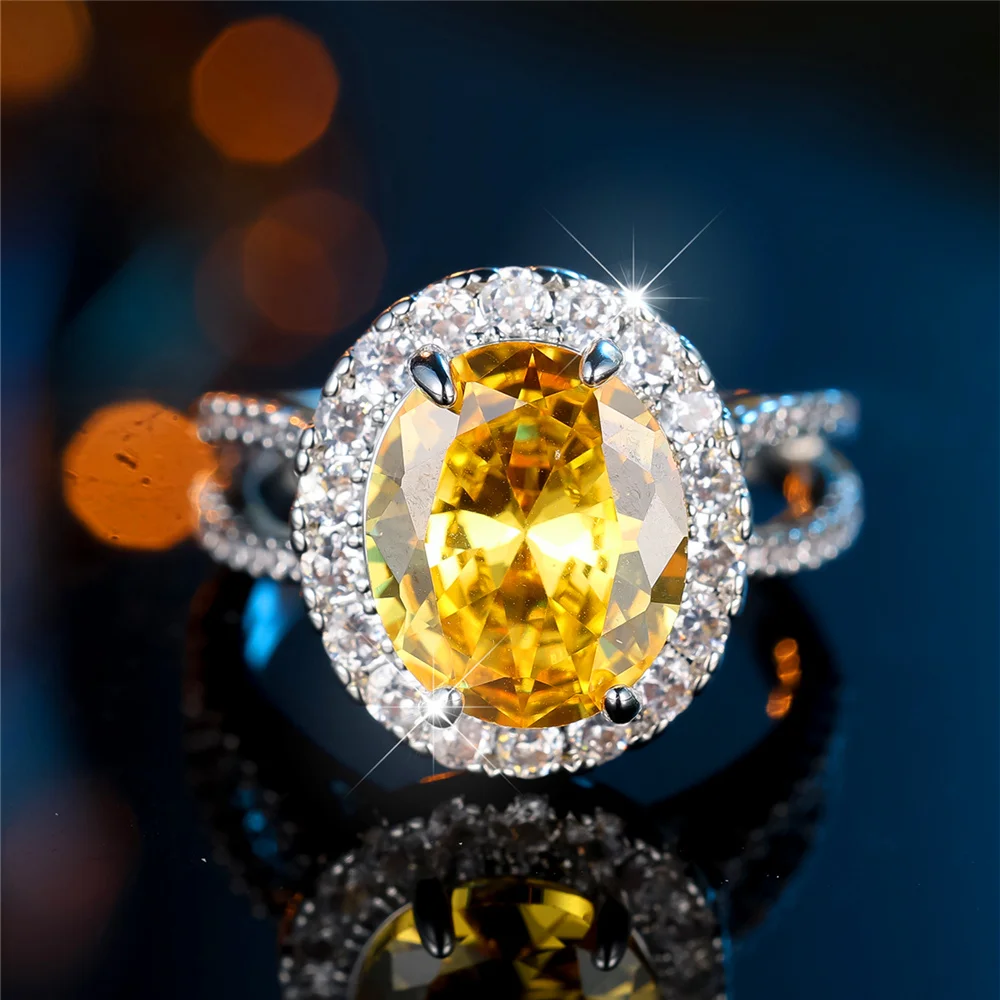 Luxury Female Big Yellow Zircon Stone Oval Engagement Rings For Women Silver Color Wedding Bands Jewelry Party Gifts