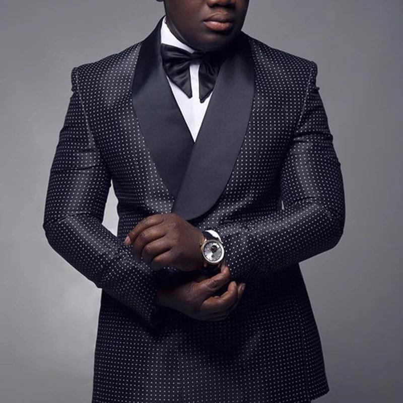 

Black Checkered Dots Men Suits With Double Breasted For Wedding Slim Fit Groom Tuxedo 2 Piece Jacket Pants Fashion Costume 2023