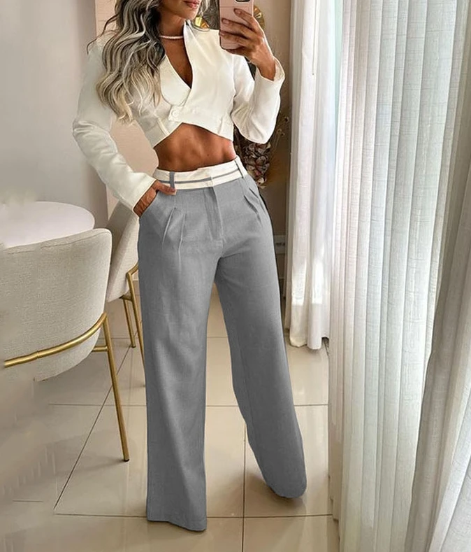 2023 Autumn New Temperament Commuting Fashion Casual Long Sleeves Tops and Pockets Loose Wide Leg Pants 2 Piece Set for Women