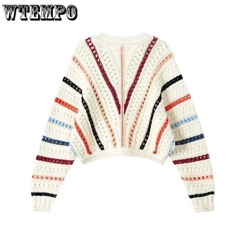 

Rainbow Striped Sweater Sweet Crochet Hollow Bat Sleeve Women's Pullover Loose Casual Short Top Korean Fashion Spring Autumn