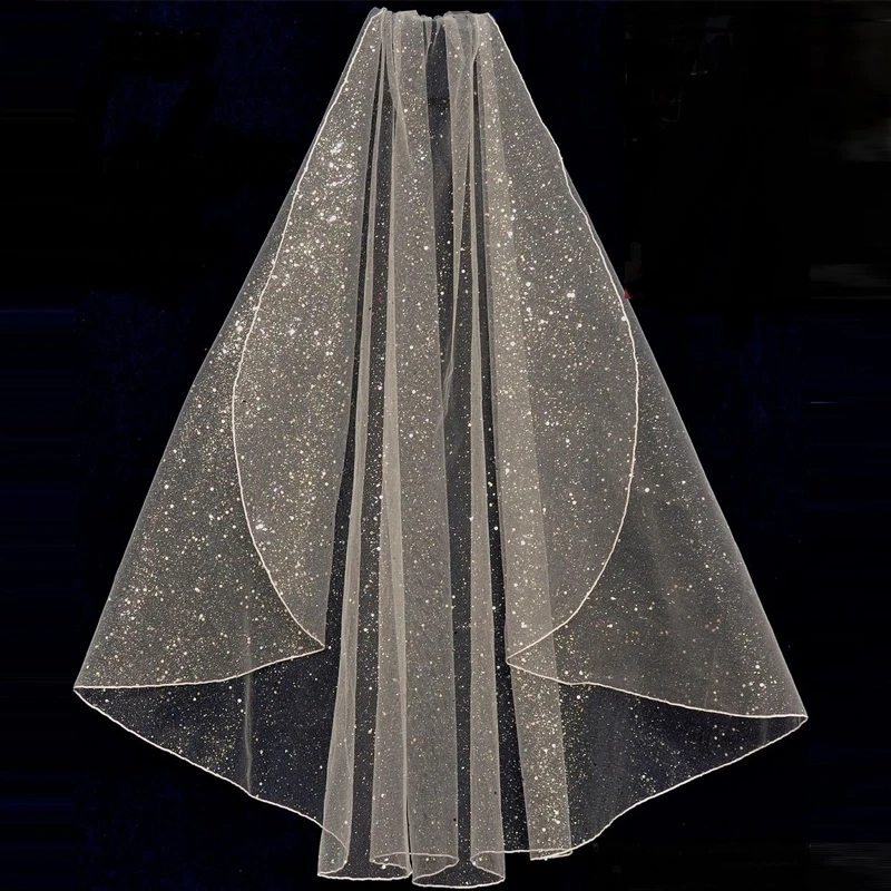 B62 Short Bridal Veil with Comb Luxury Pencil Edge Wedding Veil Turkish Glitter White Champagne Bride bridal veil