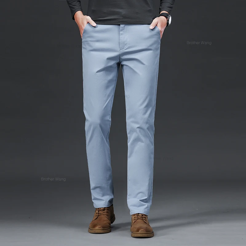9 Color Men's Cotton Casual Pants Elastic Waist Slim Straight Solid Color Business Trousers Four Seasons Brand Male Clothes 5