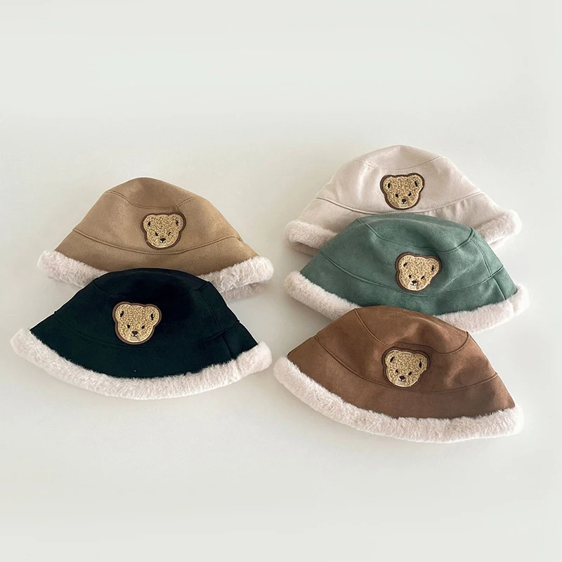 

Cartoon Bear Baby Bucket Hats Autumn Winter Thick Soft Plush Warm Fisherman Caps For Boy Girl Outdoor Kids Cold-proof Basin Caps