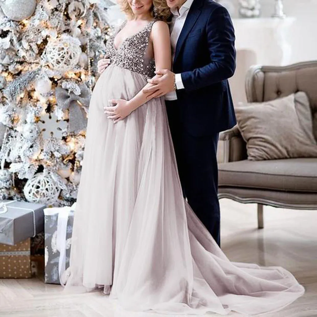 Maternity Photography Dresses Sexy Women Pregnant Sling V Neck Sequin Cocktail Maxi Prom Gown Pregnancy Dress Art Photo Dress