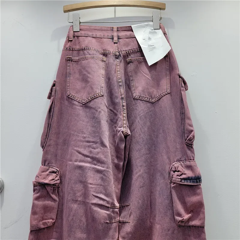 Cargo Pants Women 2023 Autumn Winter Washed Cotton Gradient Color Multi-Pocket High Waist Slimming Straight Overalls Jeans