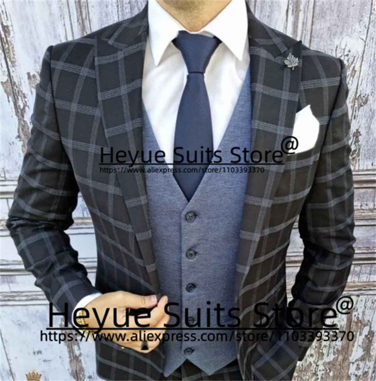 Black Plaid Business Men Suits Slim Fit Peak Lapel Groom Tuxedos Custome Formal Prom Jacket+Gray Vest+Pants Costume Homme