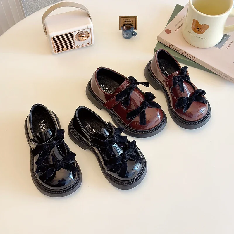 Children Leather Shoes Spring New Princess Shoes for Girls Wine Red Versatile Kids Fashion Wedding Party Mary Jane Glossy