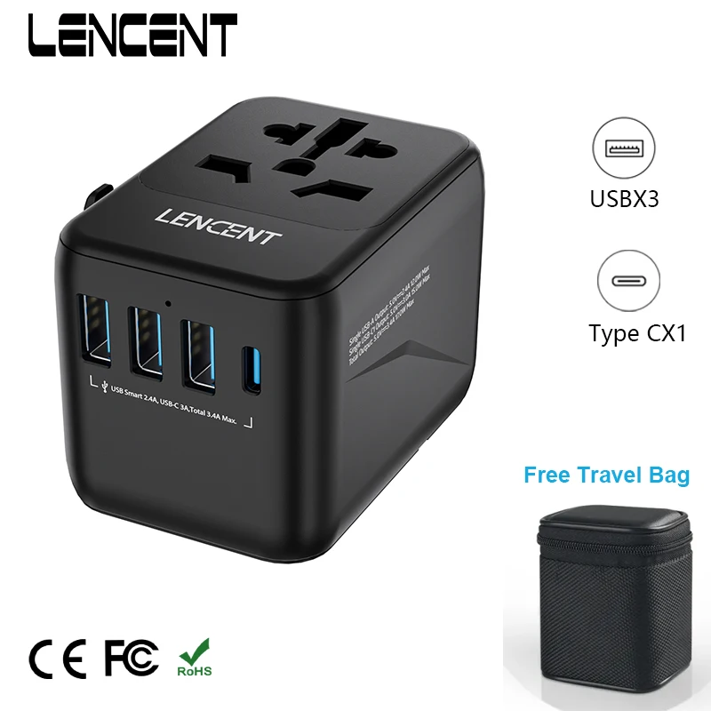 Lencent Universele Reisadapter Internationale Lader Met 3 Usb-Poort 1type-c Pd Oplaadadapter Eu/Uk/Usa/Aus Plug Voor Reizen