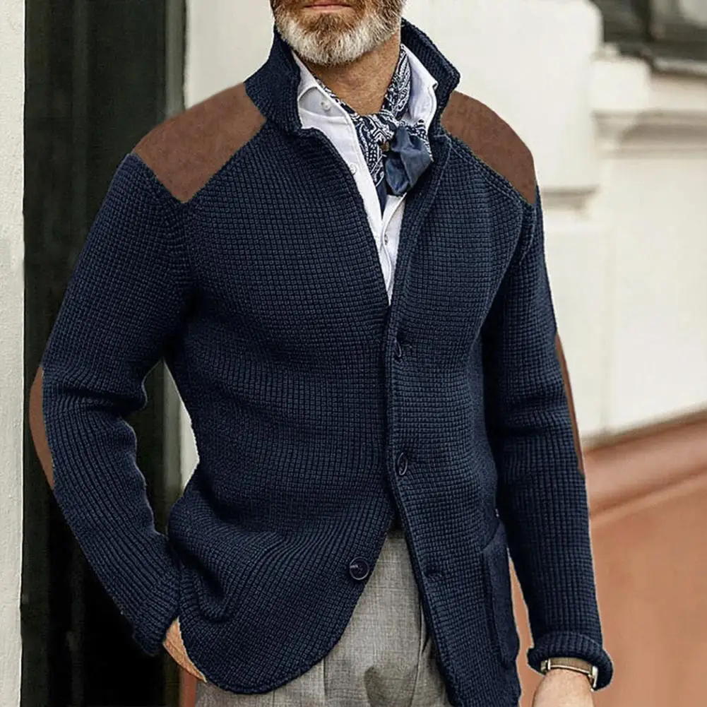 Sports Pants Cardigan Men's Single-breasted Lapel Knitted Cardigan Sweater Coat with Patchwork Color Matching for Winter Fall