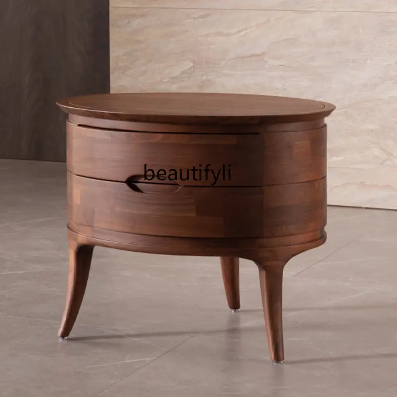 

Nordic Solid Wood Bedside Table Black Walnut Bedroom Locker round Cabinet Designer B & B Villa furniture living room furniture