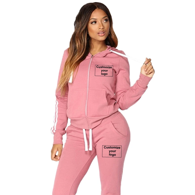 Customized Women's Sports Set Three Stripe Hoodie Two Piece Set Customized Your Logo Zipper Hoodie+Sweatpants Sports Jogging Set