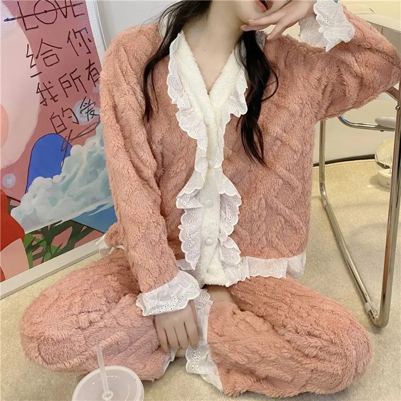 Lace Women Pajamas Set Winter Sleepwear Fleece Velvet 2 Piece Pant Home Suit Sleep Fluffy Korean Solid Piiama Warm Night Wear