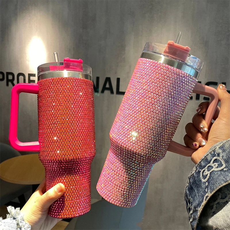 

Rhinestone 40oz Thermos Handle Stainless Mug Lid Tumbler Stylish Drinkware With Cup Steel Vacuum Straw Coffee Luxury Embellished