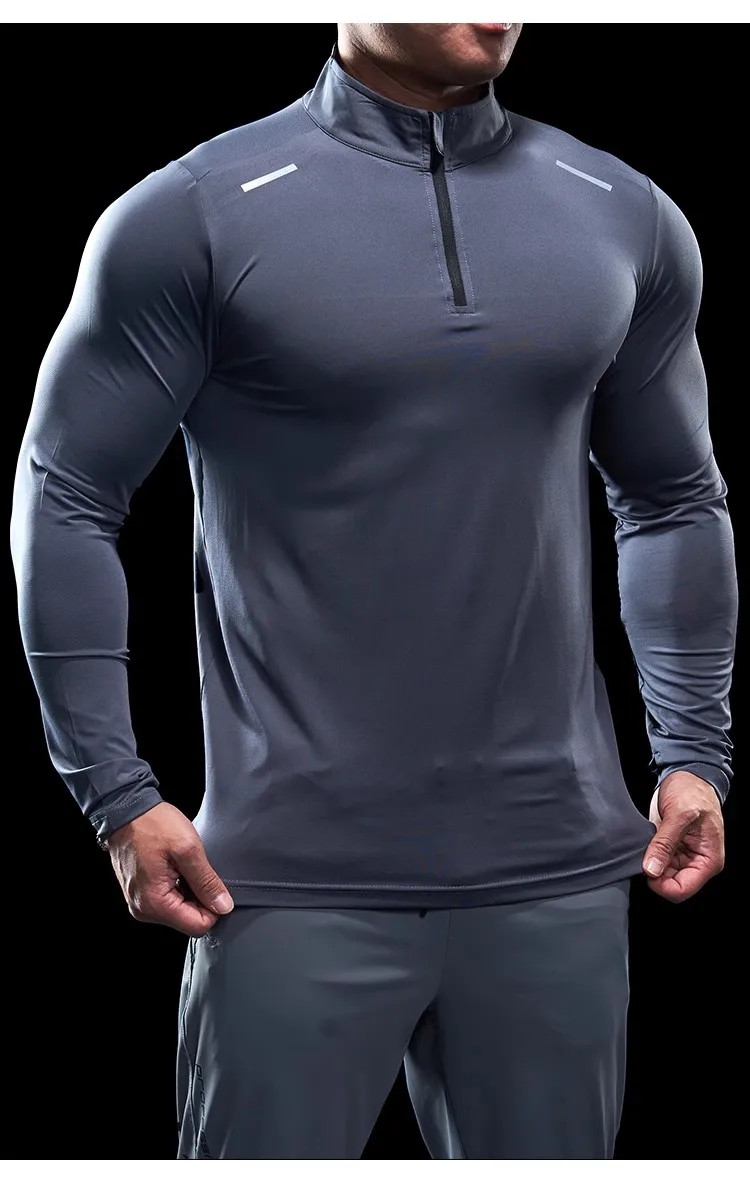 Stand Collar Zipper Long Sleeve Men's Fitness T Shirt - Men's Fitness ...