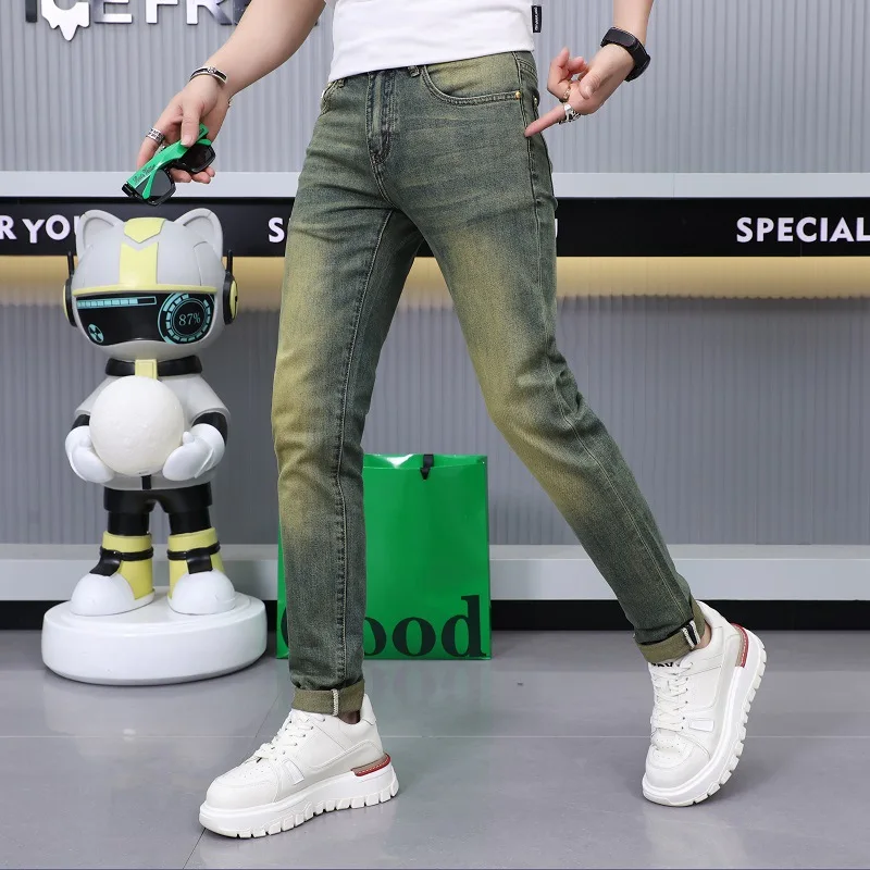 Newly Fashion Designer Men Jeans Retro Green Blue Slim Fit Ripped Jeans Men Trousers Vintage Casual Cotton Denim Pants Hombre