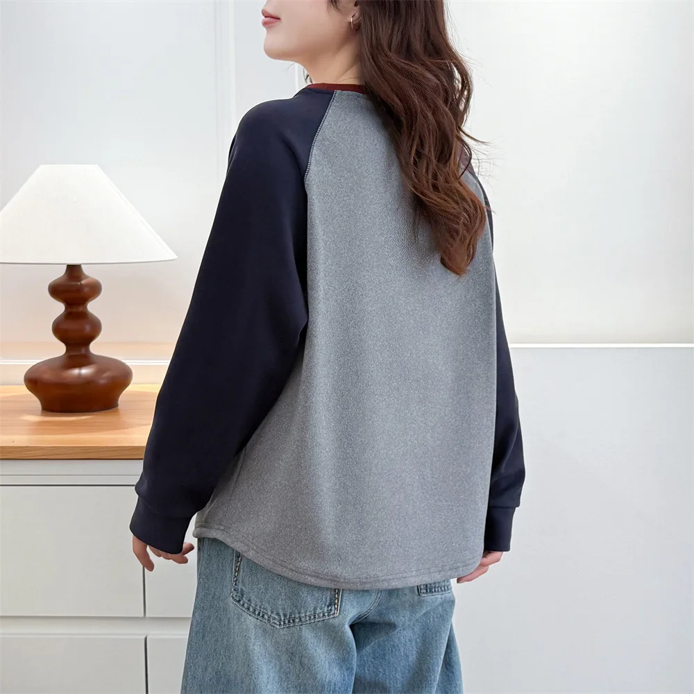 XXXXL Fashion Plus Size Women's T-Shirt 2025 autumn/winter Youthful Casual color-block Printed De Velvet Warm Tops 7052