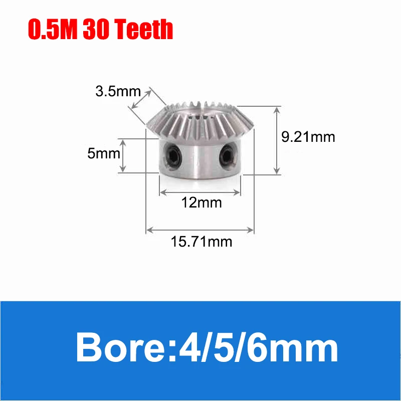 1pc 1:1 Bevel Gear 0.5 Mod 20/25/30 Teeth Bore 3/4/5/6mm Gear 90 Degrees Meshing Angle Steel Gears 45# Steel transmission gear