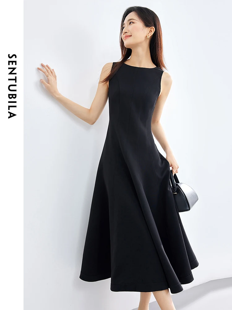 SENTUBILA Elegant High-end Black Party Dress for Women 2024 Spring Fashion A-line Sleeveless Tank Swing Midi Dresses 141L52852