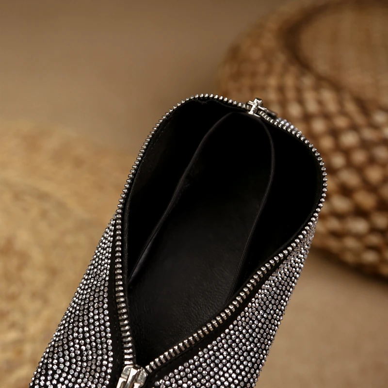 Women's New Spring and Autumn Square Headed Leather Zipper with Diamond Embedding for Comfortable Low Heel Lefu Single Shoes