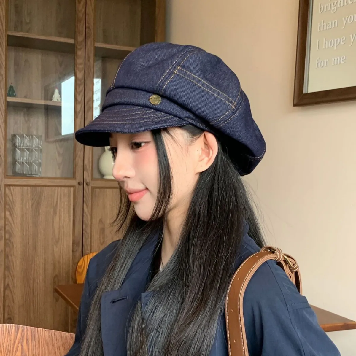 Women's Berets Korean Retro Casual Simple Versatile Fashionable Sweet Denim Berets Artistic High-quality Painter's Caps For Girl - 3