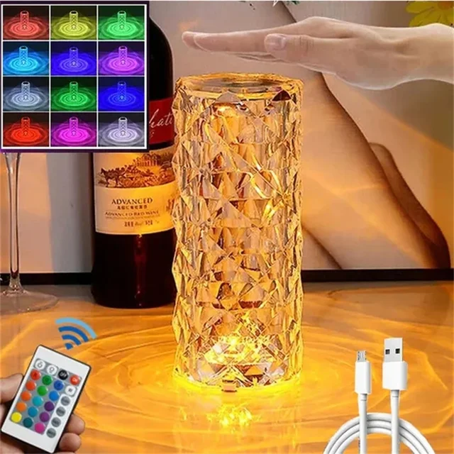 LED kristal masa lambası gül ışık projektör 3/16 renkler dokunmatik  ayarlanabilir romantik elmas atmosfer ışığı USB dokunmatik gece lambası