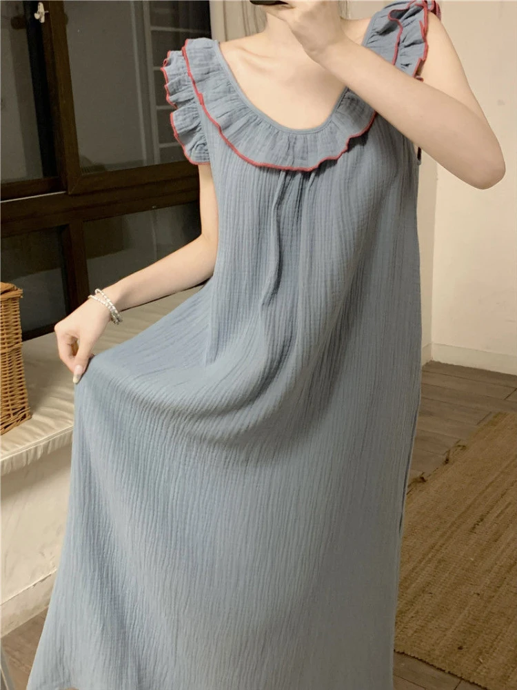 Sleeveless Nightgowns Women Sweet Ruffles Summer Ankle-length Sleepwear Fashion Korean Style Lounge Elegant Princess All-match