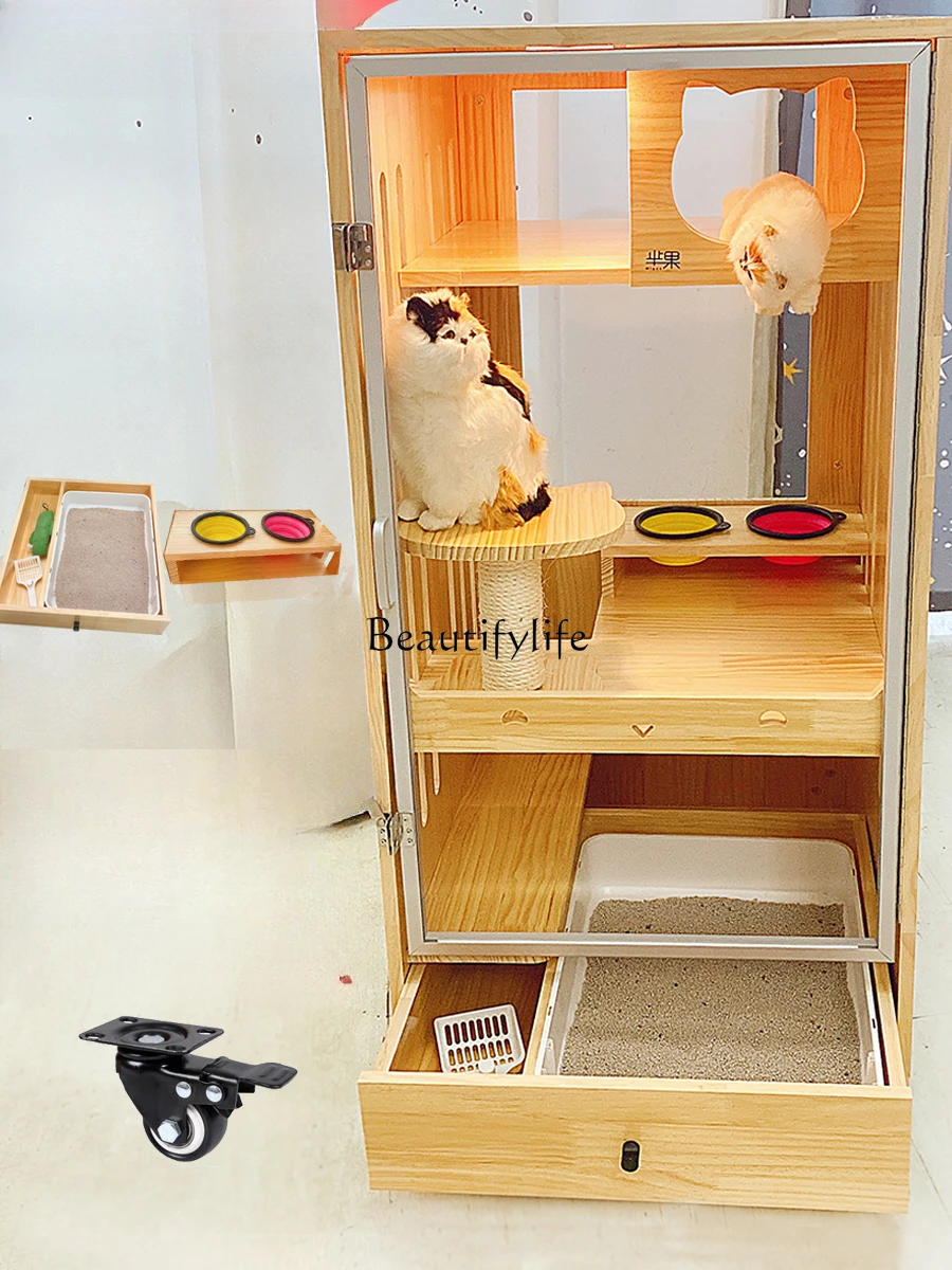 

Solid Wood Cat Cage Villa with Toilet Integrated Household Cat House Two-Layer