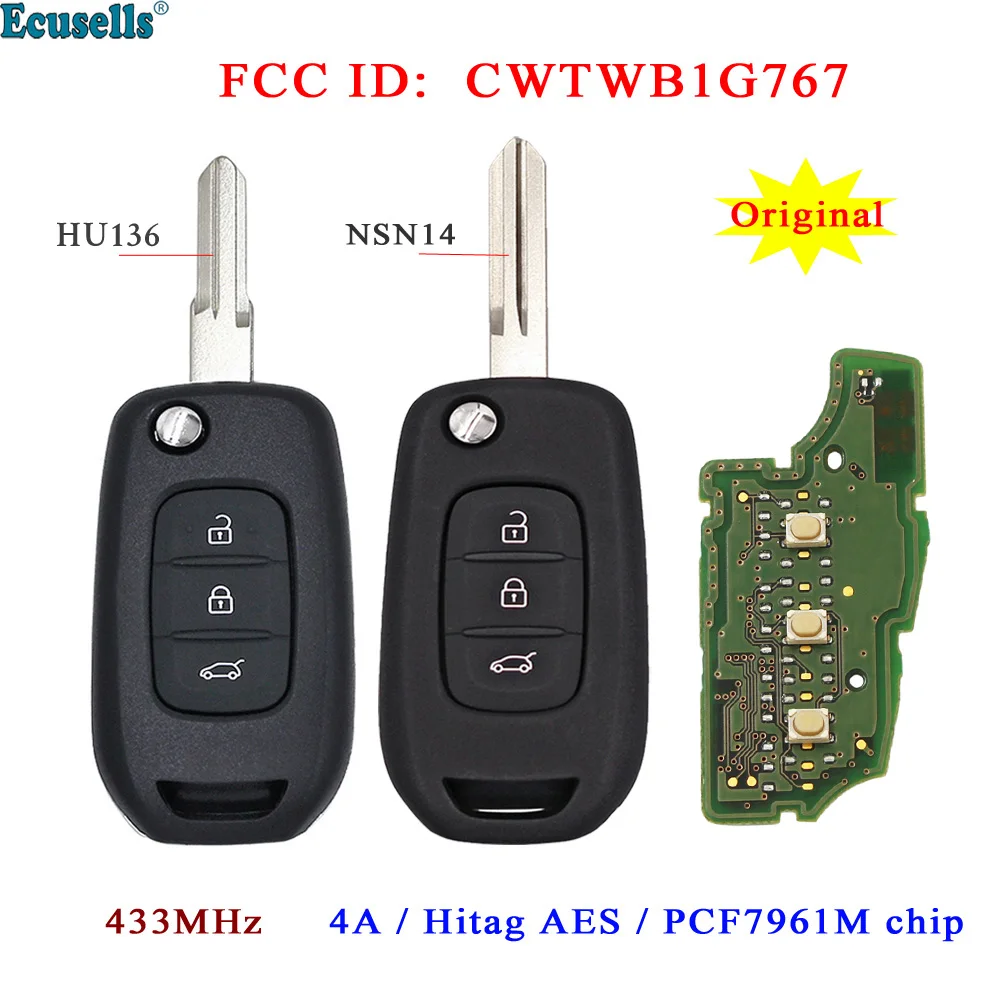 

Ecusells Original 3 Buttons Flip Remote Key 433MHz 4A PCF7961M Chip for Renault Kadjar Captur Megane 3 CWTWB1G767 HU136/NSN14