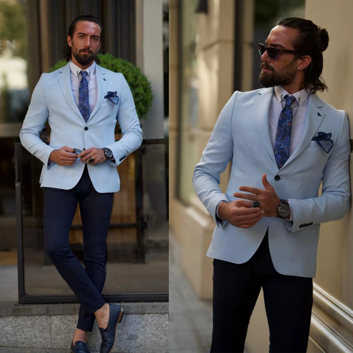 New Men Suits Tailor-Made 2 Pieces Blue Blazer Black Pants Single Breasted Peaked Lapel Business Wedding Plus Size Tailored