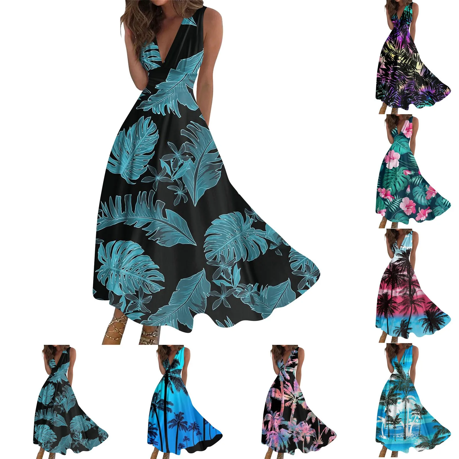 

Women's Floral Printed V-neck Sleeveless Long Dress New Fashion Slim-Type Elegant Dress Youthful Vintage Dress فستان بناتي للعيد