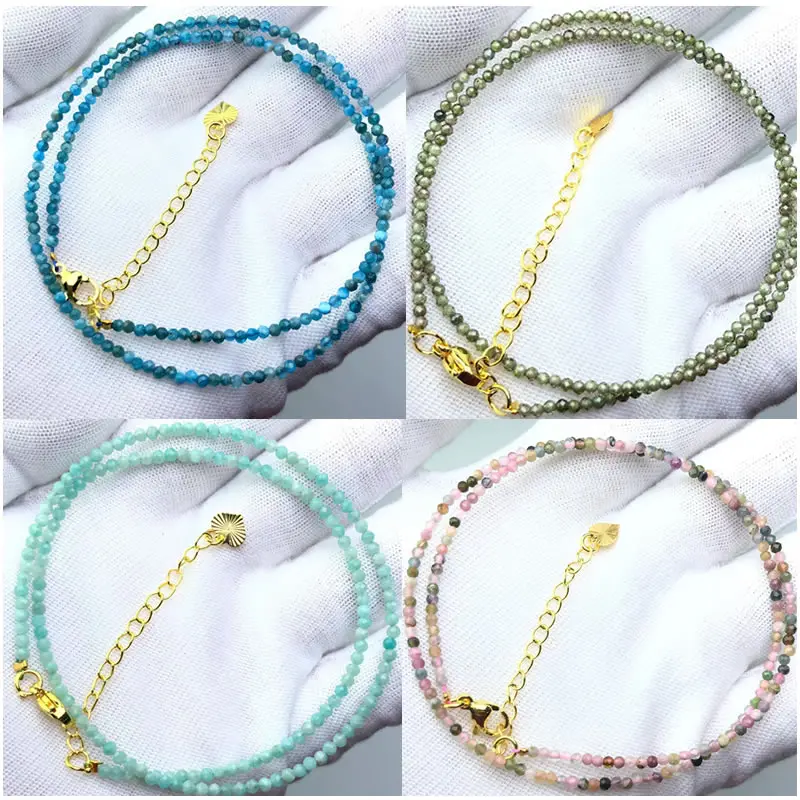Natural Stone 2mm Faceted Beads Necklace Crystal quartz Garnet agate Beaded Chains Fashion Simple Men Women Jewelry Gifts