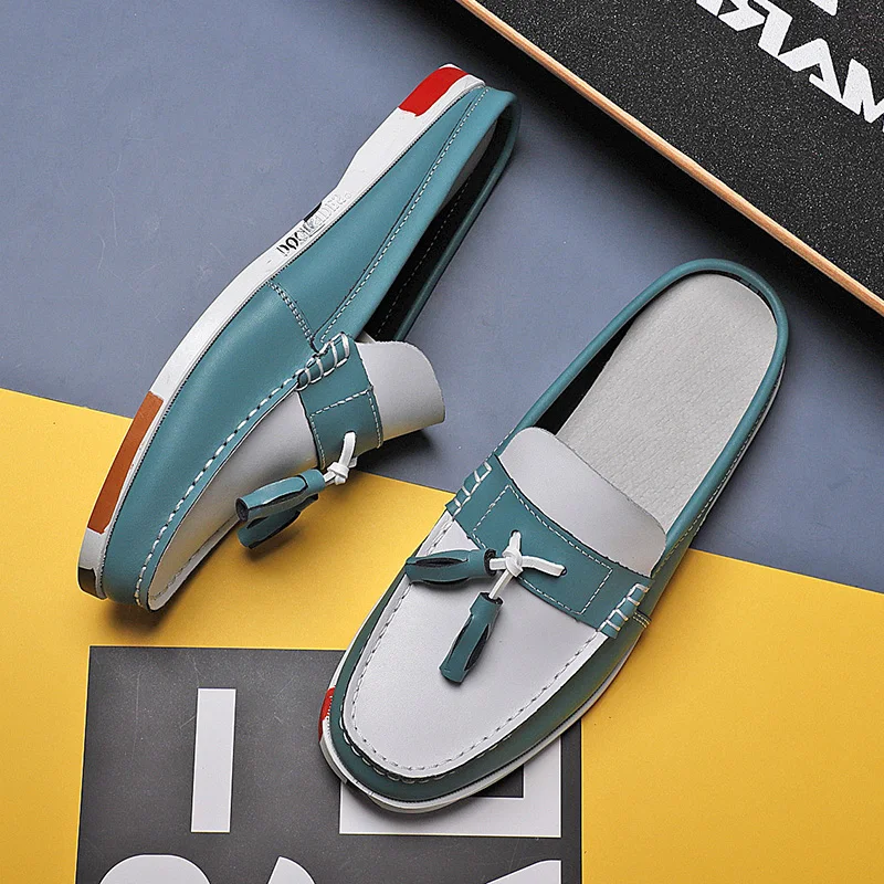 Mens Casual PU Leather Classic Boat Shoes Loafers Shoes Handmade Shoes High Quality Half Slipper Flats Lazy Shoes Muller Shoes
