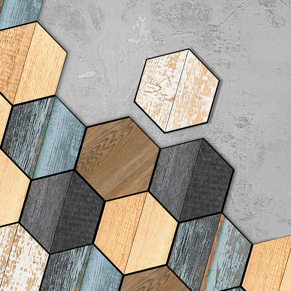1 set of 11PCS Wood Grain Hexagonal Floor Stickers Waterproof Anti-slip Floor Stickers