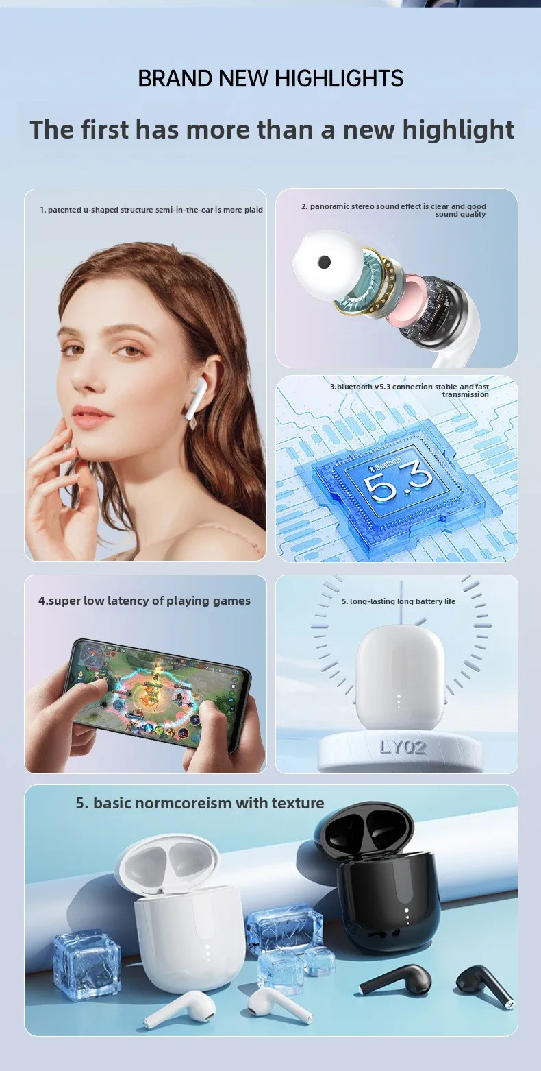 Wireless Bluetooth Headphones 5.3 half-in-ear, large-capacity, long-lasting ster