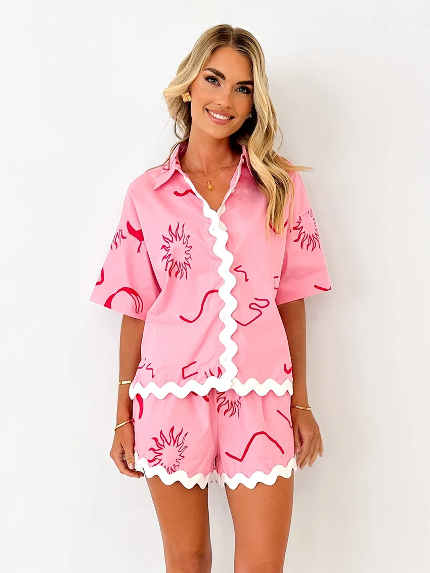 Mathaqiqi Printing Female Sleepwear Suit Half Sleeve Pajama Turn-Down Collar Nightgowns Shorts Casual Summer Women Nightwear Set