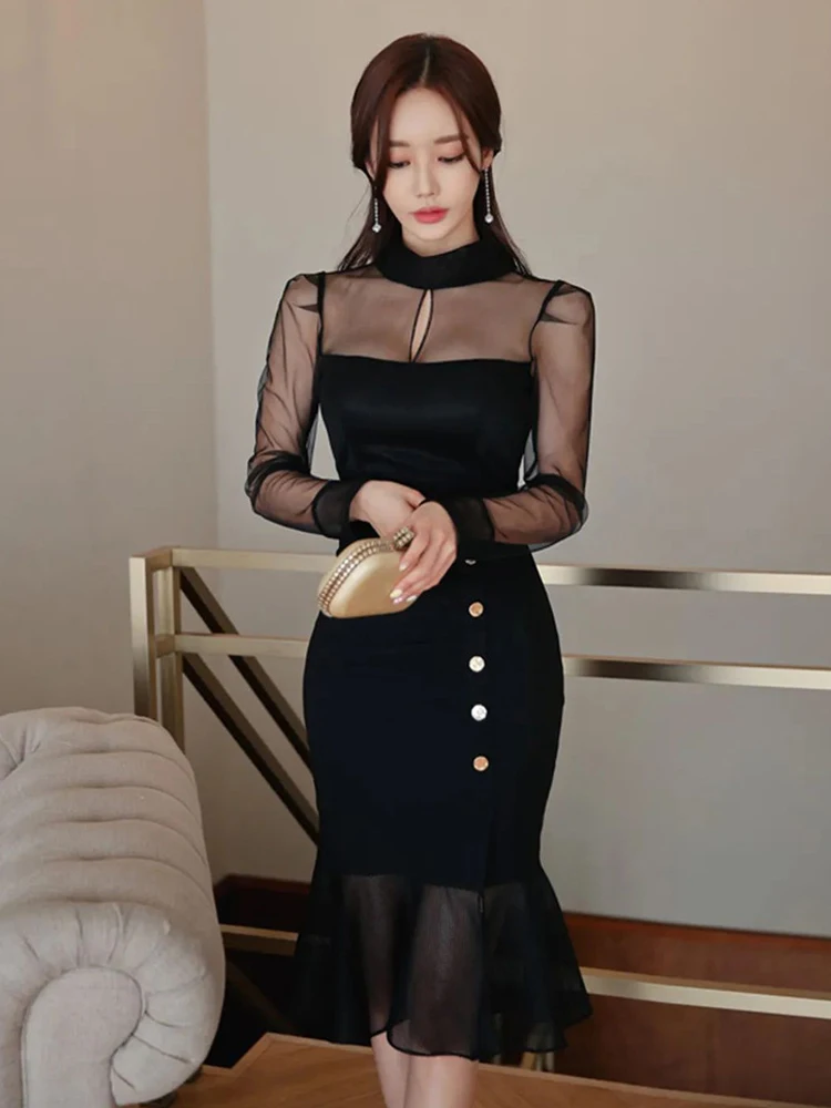 Robe Sirène La Femme Noire - Taille 4 - Manches Transparentes - Soirée Formelle - Neuve Sans étiquettes
