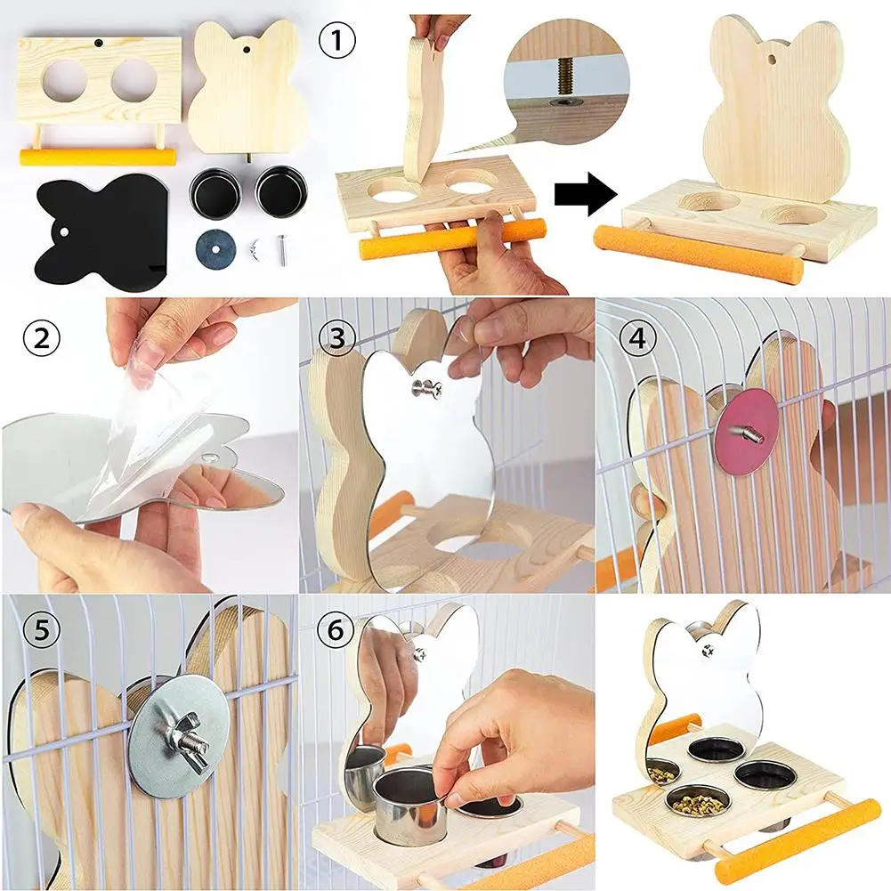 Parrot Mirror Toy with Stainless Steel Feeding Cups Bird Wooden Frames with Cage Perch for Macaw African Greys Budgies Parakeet