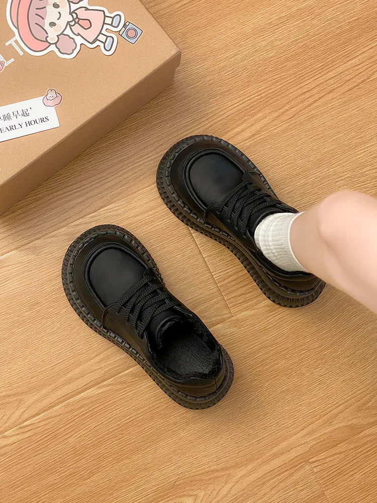 

Туфли дерби женские в британском стиле, лоферы на платформе, круглый носок, закрытый носок, мех, клоги, повседневная обувь на плоской подошве, осень