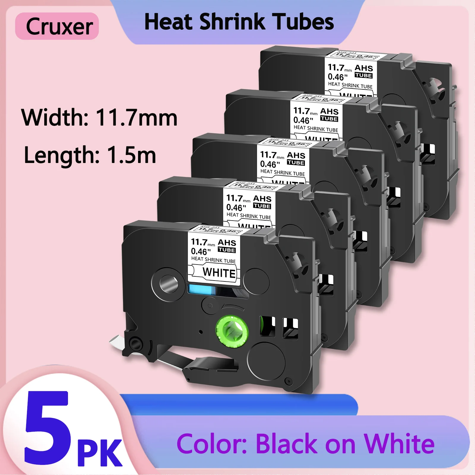 

5PK Heat Shrink Tubes Compatible Brother 11.7mm Hse-231 Label Tape Black on White Cartridge Cassette For P-Touch Label Printers