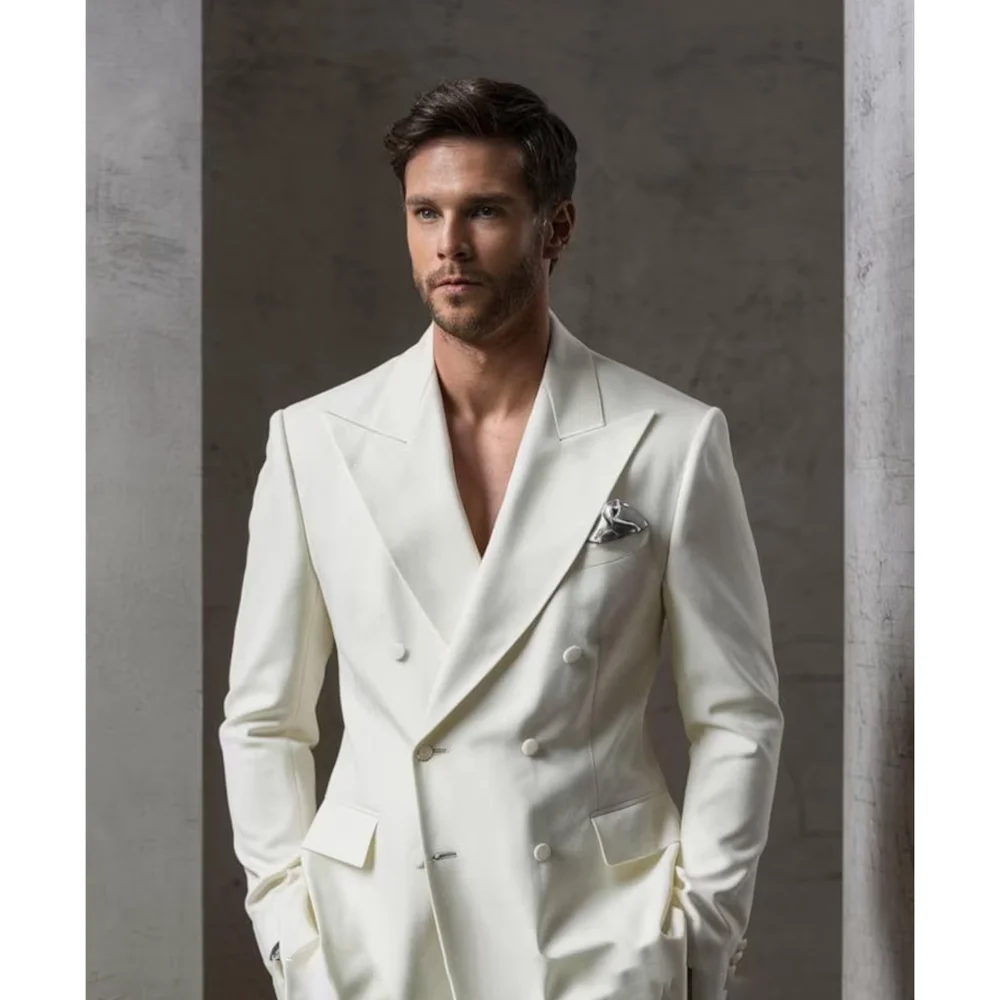Men's Suits 2 Piece Set (Jacket+Pants) Peak Lapel Slim Wedding Ceremony Groom Best Tuxedo Elegant Party Solid Color Male Suit 2