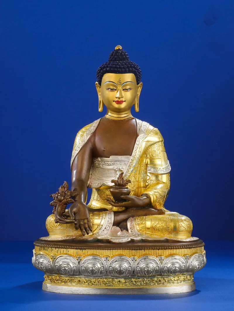 

21cm Gold Pure Copper Medicine/Pharmacist Guanyin Carving Buddhist Retro Carving Tranic Temple Decorate Bodhisattva Figurine