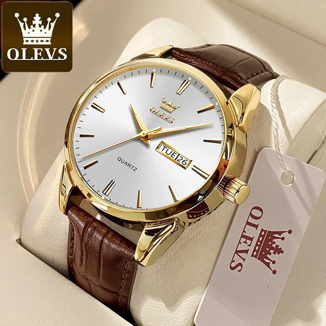 OLEVS-Montre à Quartz de Marque de Luxe pour Homme, Décontractée, à la Mode, pour Cadeaux, en Cuir Respirant, Étanche, Lumineuse 1