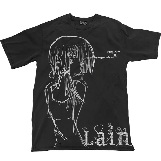Classique Anime Lain imprimé coton surdimensionné T-shirt hommes femmes à manches courtes rue haute qualité Style de rue femme mâle vêtements 1