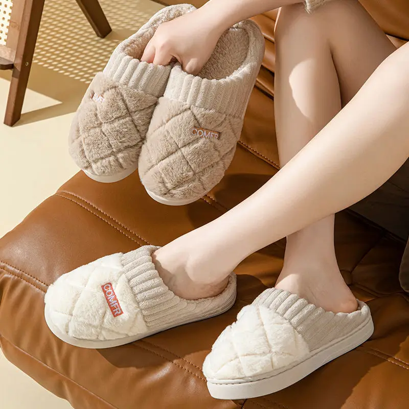 Cotton slippers for women in winter, thick soled, quiet, non slip, warm indoor, plush slippers for men in autumn and winter 4