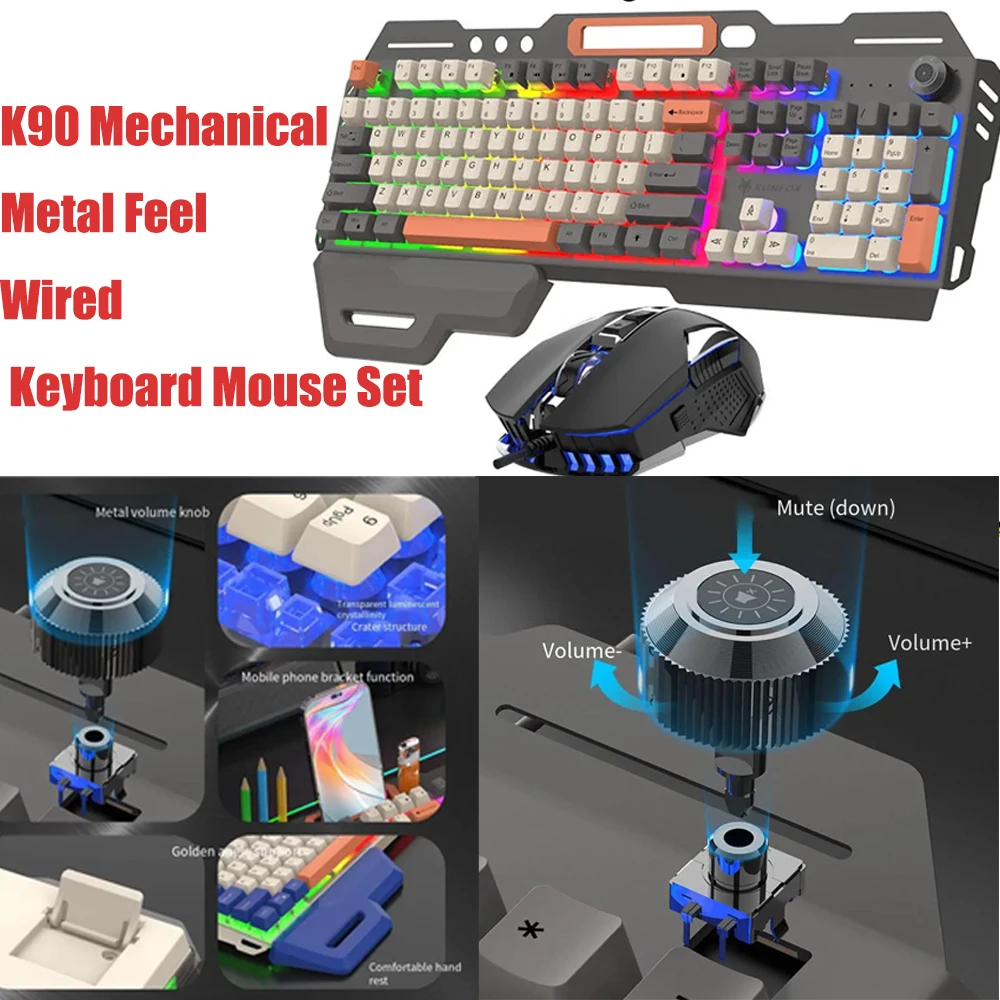 

2024 K90 Mechanical Metal Keyboard Mouse Set Gaming Computer Wired Keyboards 98 Keys RBG Luminous Keyboard Desktop Computer