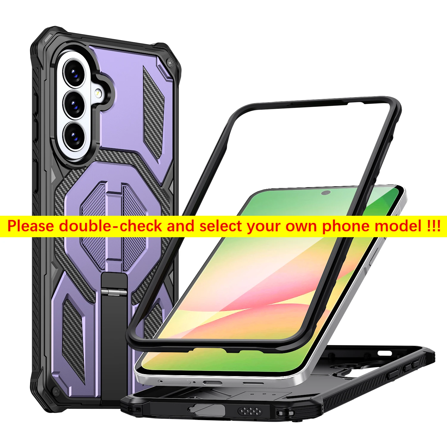 Rugged Armor Phone Case with Magnetic Stand and Rotating Cover