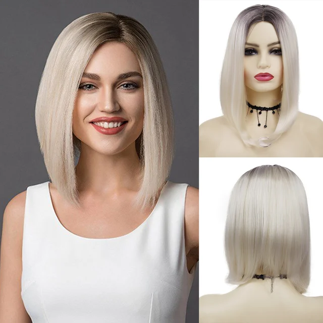 GNIMEGIL Synthetic Blonde Wig Bob Short Women Wigs Straight Hair Wig with Bangs Two Tones Sexy Hairstyle Dark Root Ombre Wigs Light Blonde