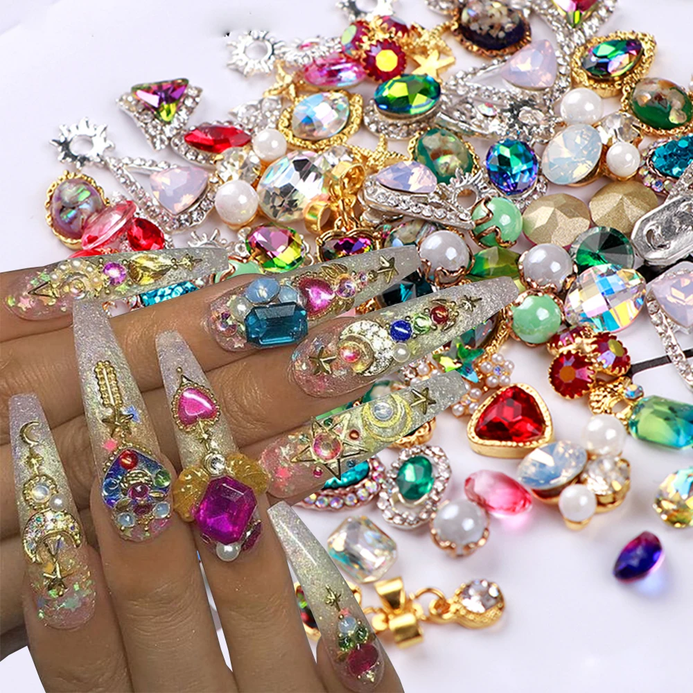 50Pcs Random Mix luxury nail charm Mixed-Style 3D Alloy Crystal Rhinestone Gem nail decoration Shiny Flat-Back Stone Nail Decor 2